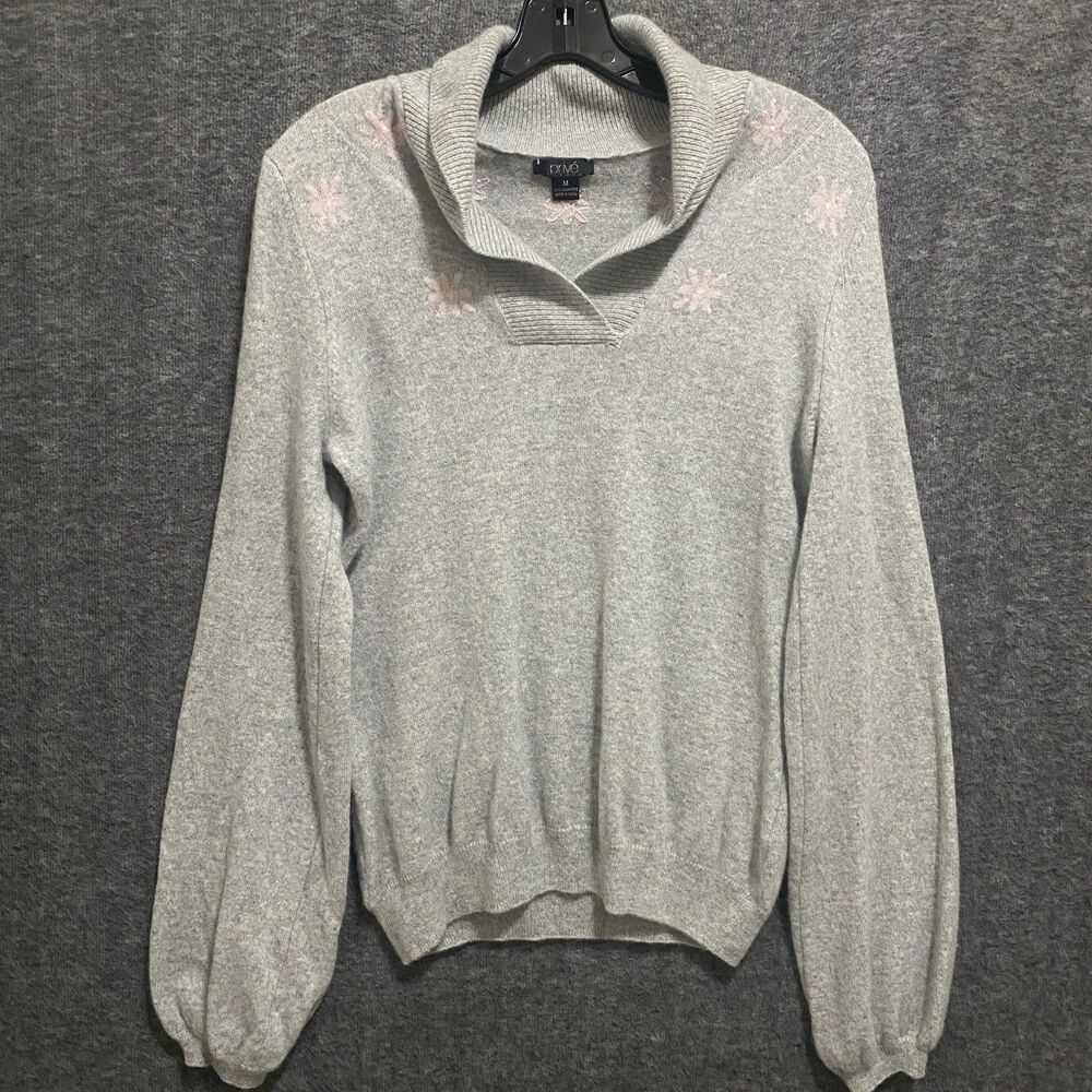Prive Cashmere Sweater Womens M Gray Pink Floral Shawl Collar Preppy‎ Minimalist